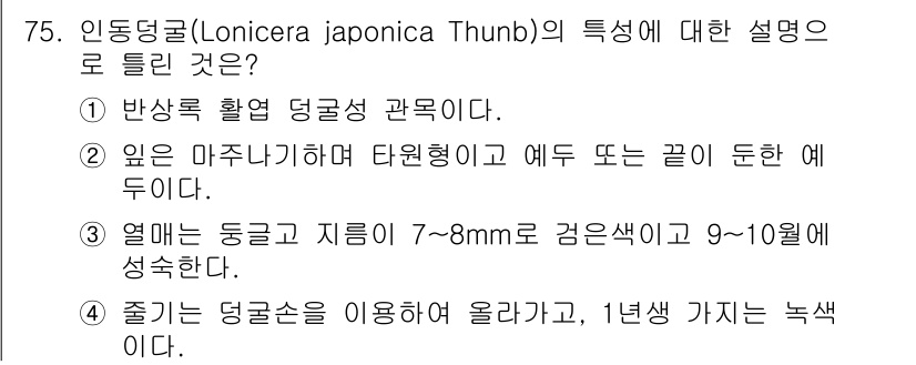 조경기사 2019년 75번 - . **줄기를 덩굴로 이용하여 올라간다.**  

이유: 인동덩굴은 덩굴... 에 관한 핵심 기출문제