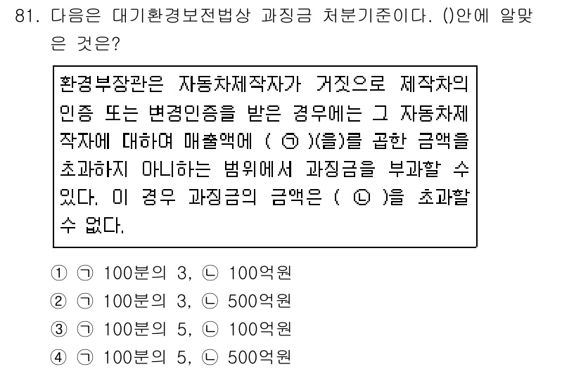 대기환경기사 2019년 81번 - 환경부장관은 자동차제작자가 가지오는 특정 인증이나 변경에 대해 벌금을 부... 에 관한 핵심 기출문제