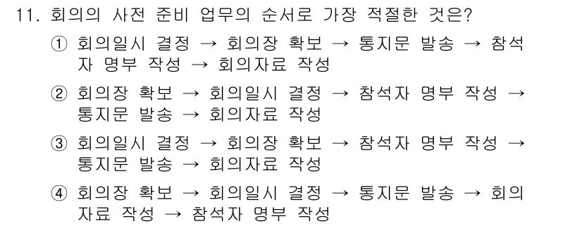비서_3급 2015년 11번 - 번  
정답인 이유: 회의의 사전 준비 업무는 회의의 목적에 따라 사전 ... 에 관한 핵심 기출문제