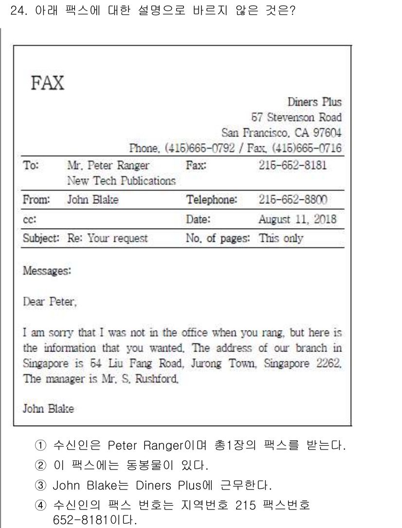 비서_3급 2018년 24번 - 3번 "John Blake’s Diner Plus에 근무한다."는 잘못된... 에 관한 핵심 기출문제