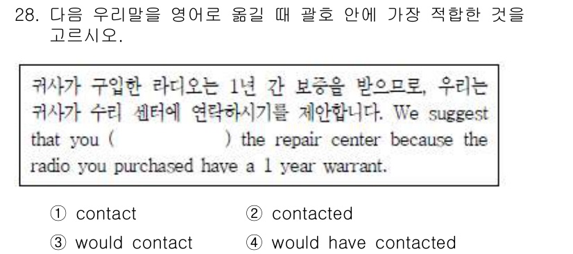 비서_3급 2018년 28번 - 정답은 1번 "contact"입니다. "We suggest that yo... 에 관한 핵심 기출문제
