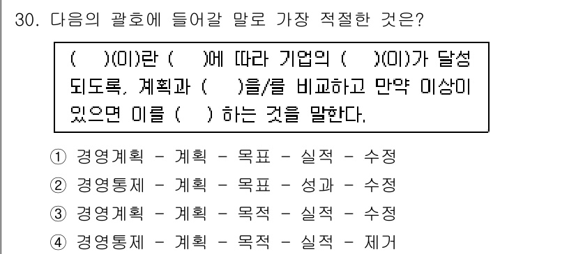 비서_2급 2016년 30번 - 해설: 제시된 문장은 기업의 목표 달성을 위해 경영계획과 실제 성과를 비... 에 관한 핵심 기출문제