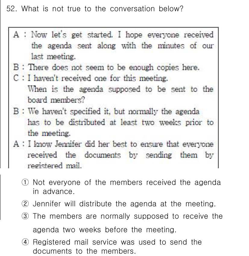 비서_2급 2016년 52번 - 정답 2의 이유는 "Jennifer will distribute the ... 에 관한 핵심 기출문제