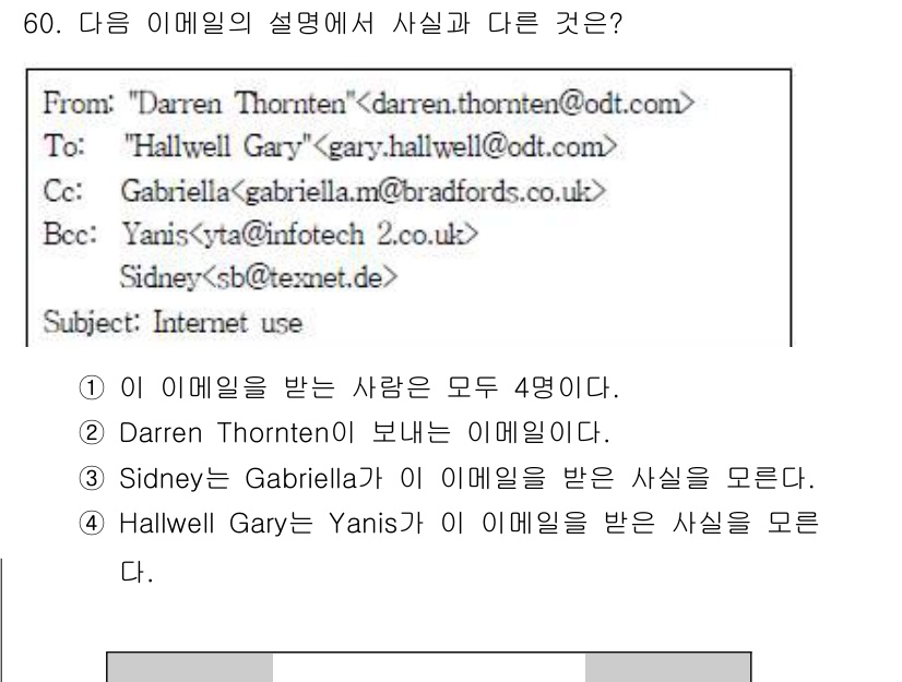 비서_2급 2016년 60번 - 이메일 수신인 목록을 보면 Sidney는 Gabriella의 이메일을 받... 에 관한 핵심 기출문제