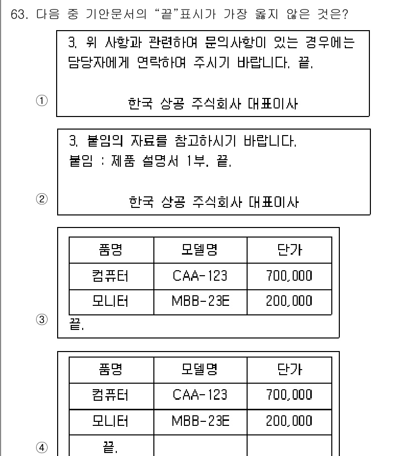 비서_2급 2016년 63번 - 정답이 4번인 이유는, "모니터"는 한국 상공 주식회사 대표 1의 자원임... 에 관한 핵심 기출문제