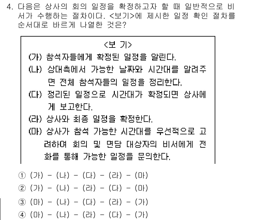비서_2급 2017년 4번 - 정답 3번은 회의의 최종 일정을 확정하기 위해 참가자들의 가능한 일정을 ... 에 관한 핵심 기출문제