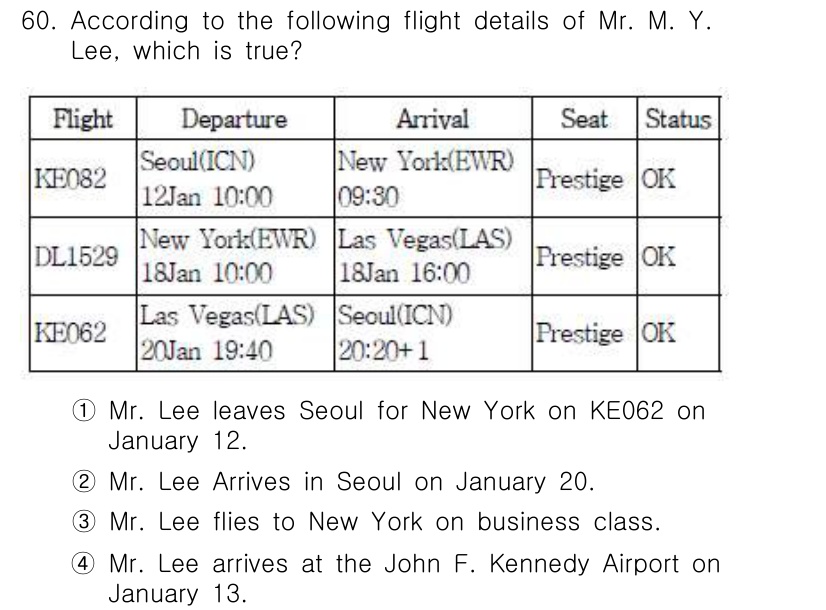 비서_2급 2018년 60번 - Mr. Lee는 18일에 Las Vegas로 도착한 후, 20일에 Seo... 에 관한 핵심 기출문제