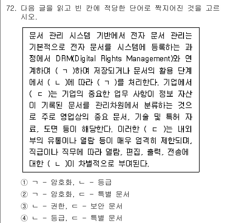 비서_2급 2018년 71번 - 정답 3번은 DRM(Digital Rights Management)과 관... 에 관한 핵심 기출문제