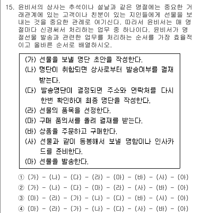 비서_1급 2015년 15번 - 핵심 해설: 상점에서 선물을 고를 때 발송 방법과 관련하여 정확히 기재하... 에 관한 핵심 기출문제