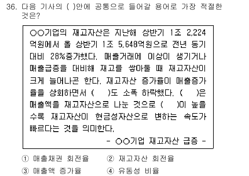 비서_1급 2015년 36번 - 정답 2번 "재고자산 회전율"은 재고자산이 얼마나 효율적으로 활용되는지를... 에 관한 핵심 기출문제