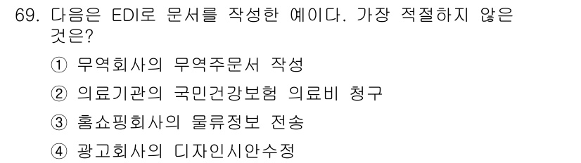 비서_1급 2015년 69번 - 광고회사의 디자인 시안 제출은 EDI 문서의 작성 목적과 관련이 없으며,... 에 관한 핵심 기출문제