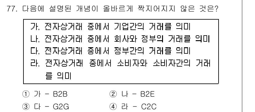 비서_1급 2015년 77번 - 정답은 2번 '나 - B2E' 입니다. B2E(Business to Em... 에 관한 핵심 기출문제