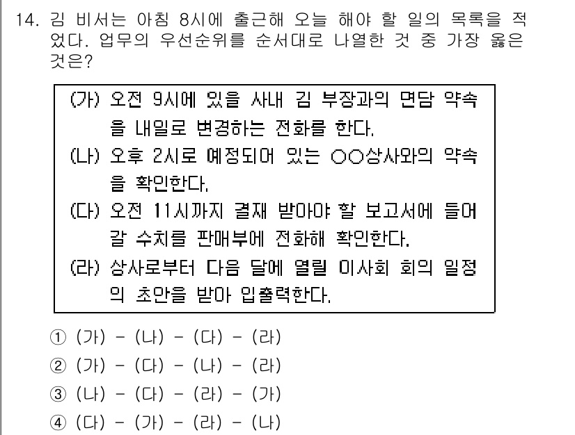 비서_1급 2016년 14번 - 정답은 (나)입니다. 김 비서는 오전 9시에 김 부장님의 약속을 확인하여... 에 관한 핵심 기출문제