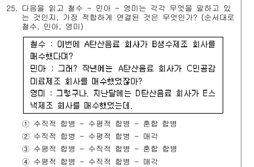 비서_1급 2016년 25번 - 문맥상 “A社가 B社의 주식을 매수했다”는 문장이 A社의 주식 매수와 관... 에 관한 핵심 기출문제