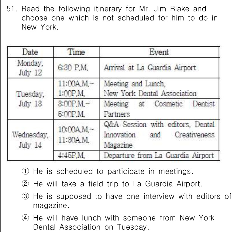 비서_1급 2016년 51번 - 정답 2번은 Mr. Jim Blake이 La Guardia Airport... 에 관한 핵심 기출문제
