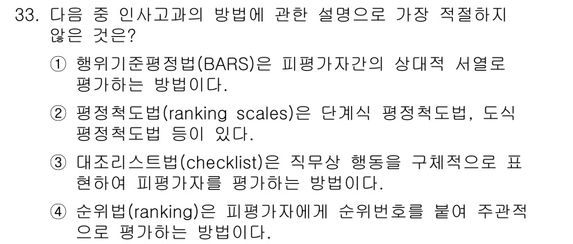 비서_1급 2017년 33번 - 행위기준평정척도(BARS)는 특정 행동의 예를 기반으로 성과를 평가하는 ... 에 관한 핵심 기출문제