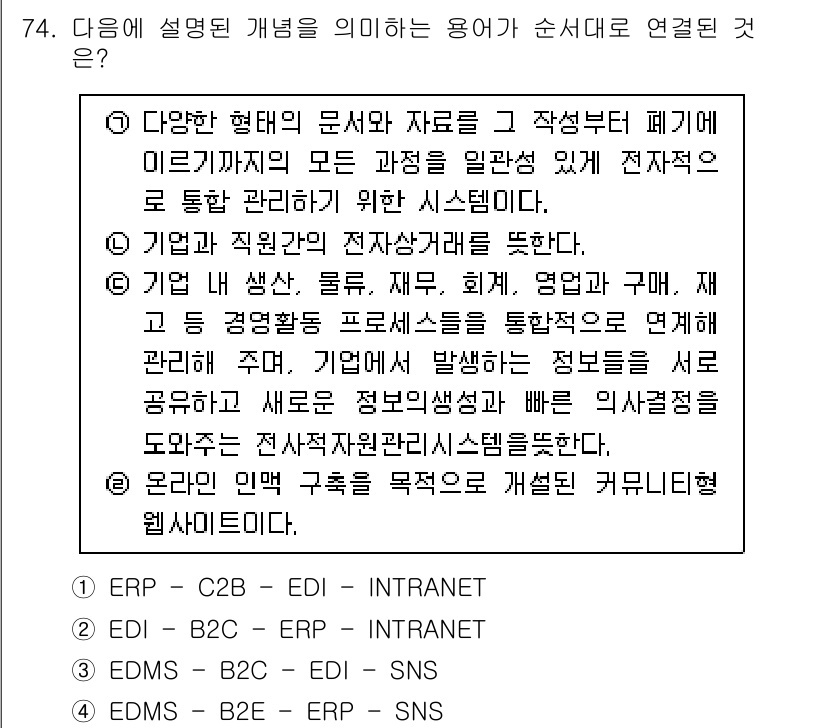 비서_1급 2017년 74번 - 정답 4번은 EDI와 EDMS가 기업 간의 전자 거래 및 문서 관리를 지... 에 관한 핵심 기출문제
