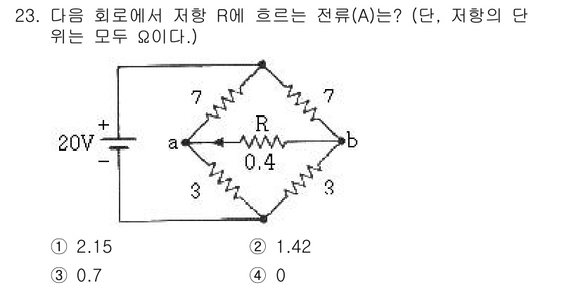 소방설비산업기사(전기) 2019년 23번 - 주어진 회로에서 전압원 20V와 저항 R1, R2의 조합을 통해 전류를 ... 에 관한 핵심 기출문제