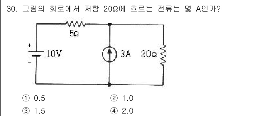 소방설비산업기사(전기) 2019년 30번 - 주어진 회로에서 20Ω 저항에 흐르는 전류를 찾기 위해서, 옴의 법칙(V... 에 관한 핵심 기출문제