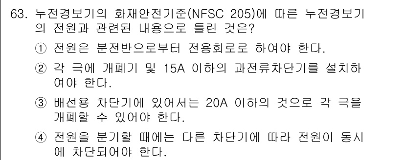 소방설비산업기사(전기) 2019년 64번 - 소방설비산업기사 관련 NFSC 205의 전원 규정에 따르면, 전원은 분전... 에 관한 핵심 기출문제