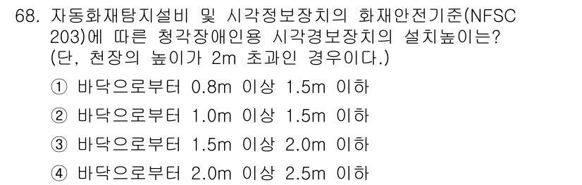 소방설비산업기사(전기) 2019년 69번 - NFSC 203에 따르면 청각장애인을 위한 시각경보장치의 설치 높이는 바... 에 관한 핵심 기출문제