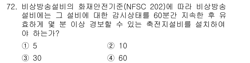 소방설비산업기사(전기) 2019년 73번 - 비상방송 설비의 화재안전기준에 따르면 감시 상태를 유지하기 위해 유효하게... 에 관한 핵심 기출문제