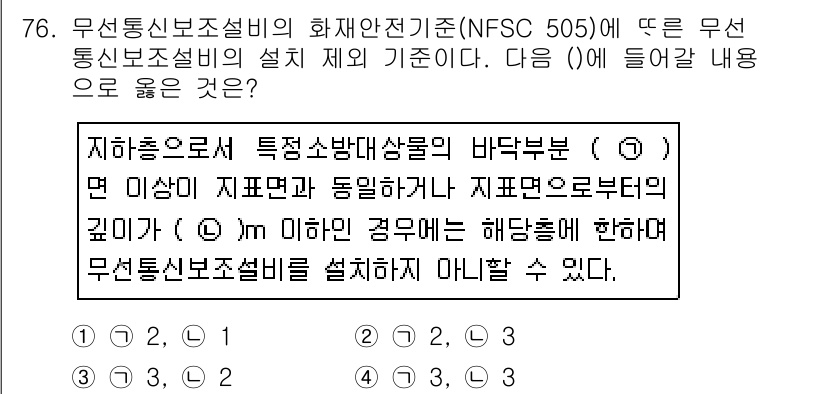 소방설비산업기사(전기) 2019년 77번 - .

정답인 이유: NFSC 505 기준에 따르면 무선통신보설비는 특정 ... 에 관한 핵심 기출문제