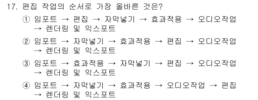 디지털영상편집_2급 2018년 17번 - 해설: 디지털 영상 편집에서 올바른 작업 순서는 임포트 후 편집, 자막 ... 에 관한 핵심 기출문제