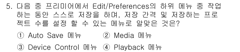 디지털영상편집_2급 2019년 5번 - . Auto Save 메뉴

Auto Save 메뉴는 작업 중 자동 저장... 에 관한 핵심 기출문제