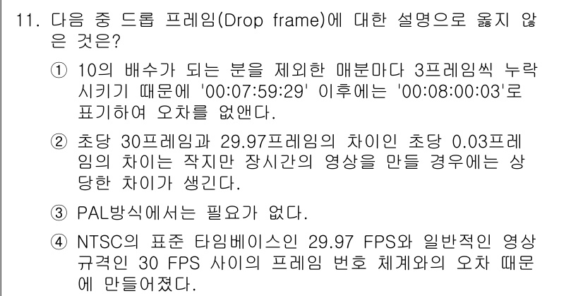 디지털영상편집_1급 2015년 11번 - 해당 자격증의 핵심 개념을 묻는 객관식 문제