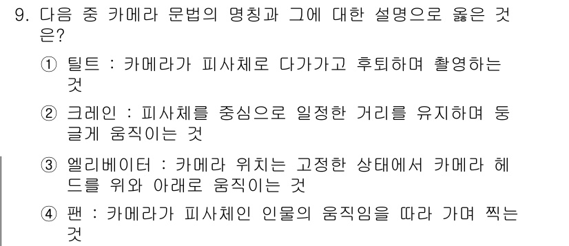 디지털영상편집_1급 2017년 9번 - 해당 자격증의 핵심 개념을 묻는 객관식 문제