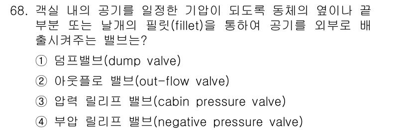 항공산업기사 2019년 68번 - 정답은 ② 유출 밸브(out-flow valve)입니다. 유출 밸브는 압... 에 관한 핵심 기출문제