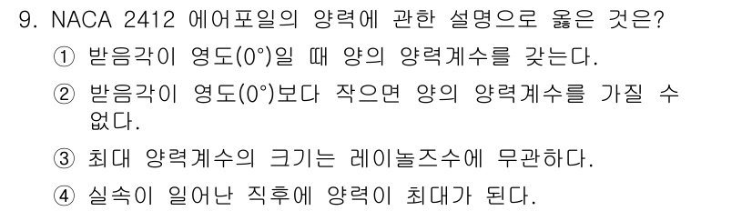 항공산업기사 2019년 9번 - NACA 2412 에어포일은 양력 계수의 특징을 고려할 때, 반응각이 영... 에 관한 핵심 기출문제