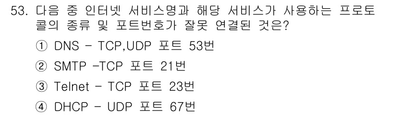 PC정비사_1급 2019년 53번 - 정답 2번인 SMTP는 TCP 기반으로 작동하지만, 포트 번호 21번은 ... 에 관한 핵심 기출문제