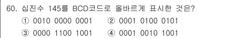 PC정비사_1급 2019년 60번 - 십진수 145를 BCD 코드로 표현할 때, 각 숫자를 4비트로 변환해야 ... 에 관한 핵심 기출문제