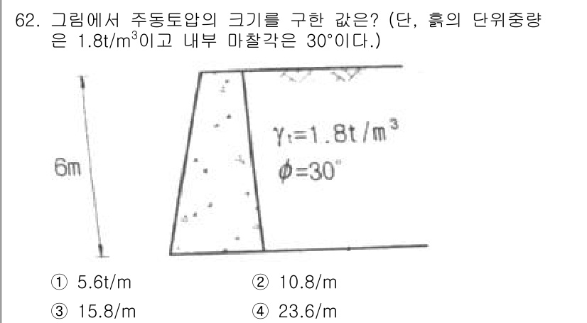 건설재료시험산업기사 2019년 62번 - 주동토압의 크기를 구할 때, 마찰각이 30°이고, 주위의 단위중량이 1.... 에 관한 핵심 기출문제