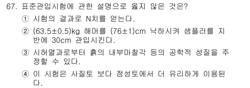 건설재료시험산업기사 2019년 67번 - 시헐밀도시험은 내부 마찰각과 같은 공학적 성질을 측정하기 위한 시험으로,... 에 관한 핵심 기출문제