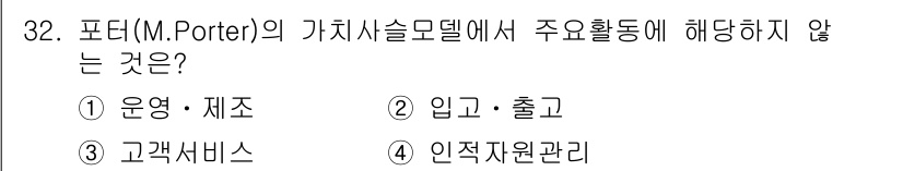 스포츠경영관리사 2019년 32번 - 4번 인적자원관리는 포터의 가치사슬 모델에서 직접적으로 언급되지 않으며,... 에 관한 핵심 기출문제