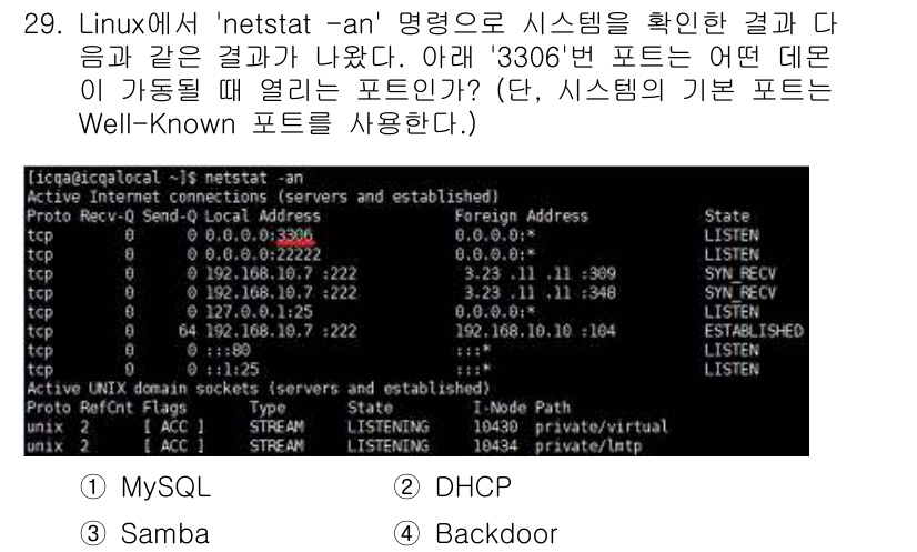 인터넷보안전문가_2급 2019년 29번 - . MySQL

해설: `netstat -an` 명령어의 출력에서 330... 에 관한 핵심 기출문제