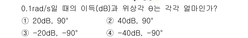 전기공사기사 2019년 77번 - 주파수에 따라 위상각이 변하는데, 0.1 rad/s에서 이득이 20dB이... 에 관한 핵심 기출문제