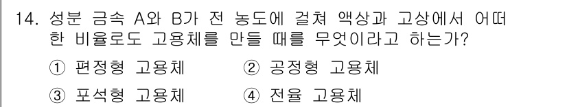 금속재료기사 2016년 14번 - 열처리 과정에서 A와 B의 성분 비율에 따라 고용체의 형성이 결정되며, ... 에 관한 핵심 기출문제