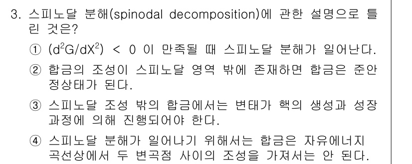 금속재료기사 2016년 3번 - 스피노달 분해는 합금 내에서 안정한 상태가 아니라 불안정한 상태가 발생할... 에 관한 핵심 기출문제