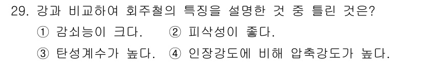 금속재료기사 2017년 29번 - 강과 비교할 때 화약철은 상대적으로 낮은 압축강도를 가지며, 이는 화약철... 에 관한 핵심 기출문제