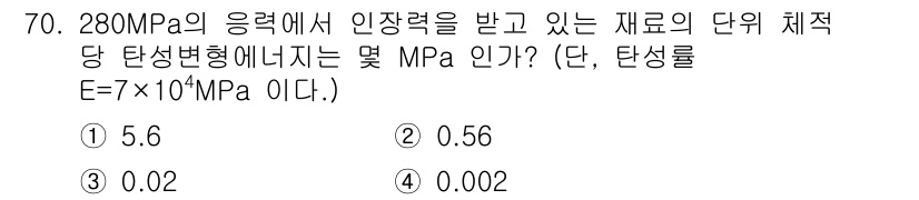 금속재료기사 2018년 70번 - 주어진 문제에서 응력과 탄성률을 사용하여 변형률을 구할 수 있습니다. 응... 에 관한 핵심 기출문제