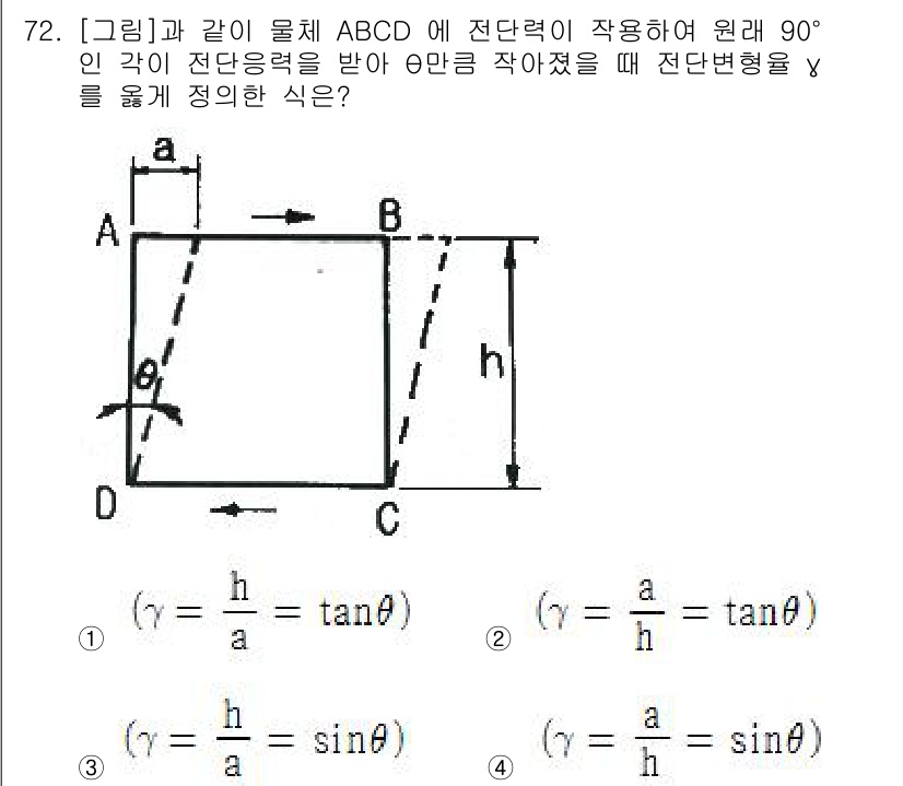 금속재료기사 2018년 72번 - 문제에서 주어진 사각형 ABCD의 전단 응력 변화를 분석할 때, 전단 변... 에 관한 핵심 기출문제