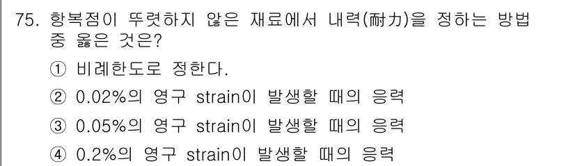 금속재료기사 2018년 75번 - 내력(耐力)을 정하는 방법은 재료의 영구변형 없이 인장하였을 때의 응력을... 에 관한 핵심 기출문제