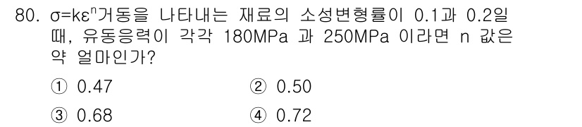 금속재료기사 2018년 80번 - 주어진 문제에서 재료의 소성 변형률이 0.1과 0.2일 때, 응력-변형률... 에 관한 핵심 기출문제