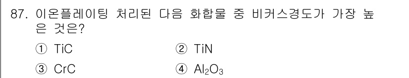 금속재료기사 2018년 87번 - TiN(티탄 나이트라이드)은 높은 경도와 내마모성을 가지고 있어 이온 플... 에 관한 핵심 기출문제
