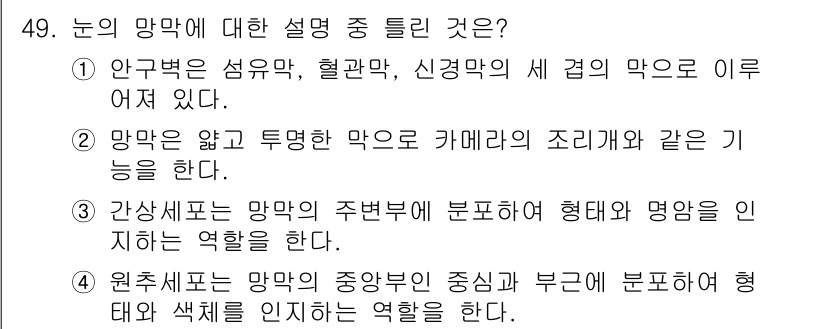 금속도장기능사 2016년 49번 - 망막은 얇고 투명한 막으로, 카메라의 조리개와 같은 기능을 하여 빛을 조... 에 관한 핵심 기출문제