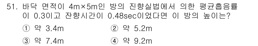 소음진동산업기사 2019년 51번 - 주어진 방의 면적은 4m × 5m로 20m²이며, 잔향시간(T60)이 0... 에 관한 핵심 기출문제
